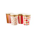 multicolor paper cups set with gold trim festive designs for birthday from Parte Haus party supply store in Bethesda MD
