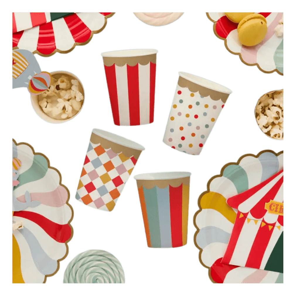 Colorful circus themed paper cups and plates for carnival birthday from Parte Haus party supply store in Bethesda MD