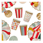 Colorful circus themed paper cups and plates for carnival birthday from Parte Haus party supply store in Bethesda MD