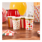 Colorful carnival paper cups with gold trim perfect for circus theme from Parte Haus party supply store in Bethesda, Maryland
