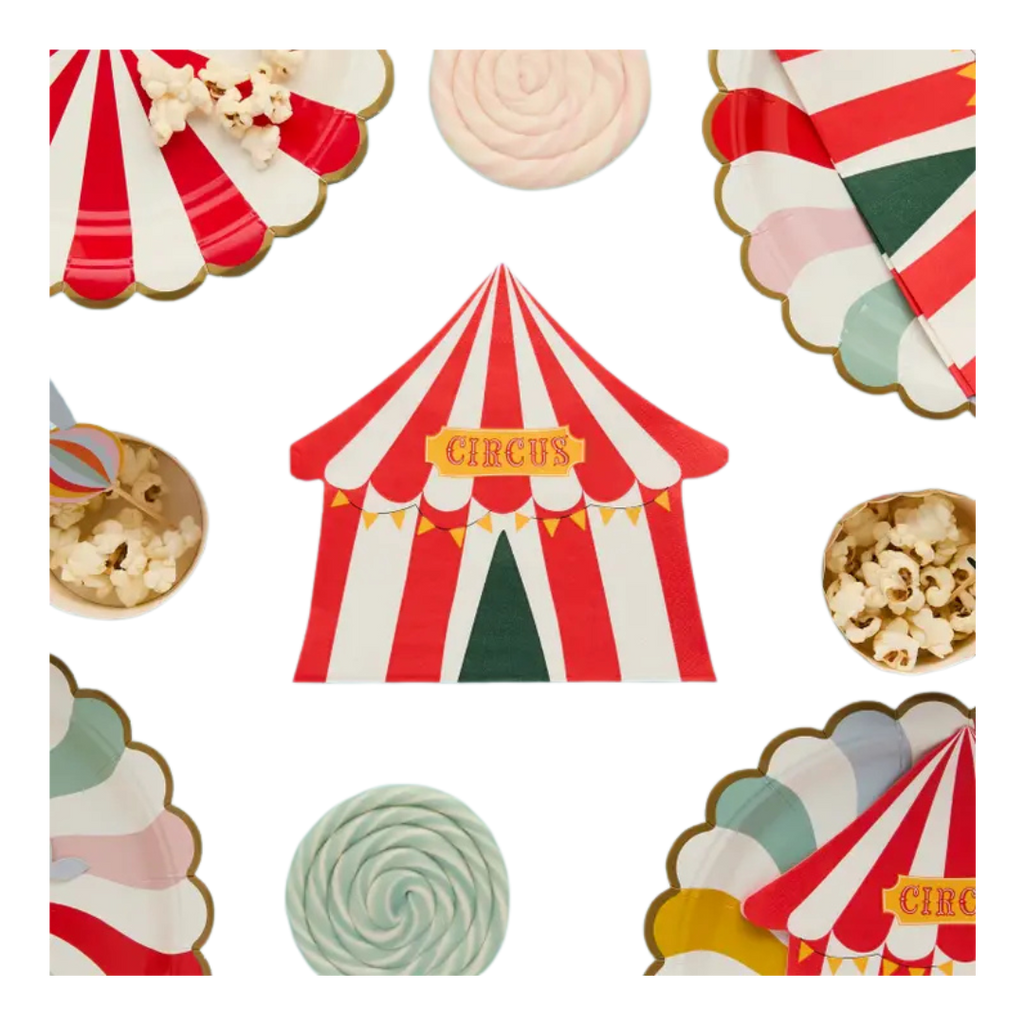 Red and white circus tent shaped plate circus theme from Parte Haus party supply store in Bethesda Maryland