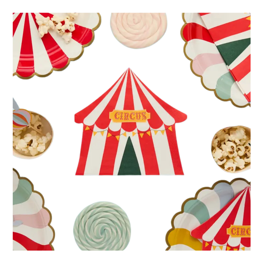 Red and white circus tent shaped plate circus theme from Parte Haus party supply store in Bethesda Maryland