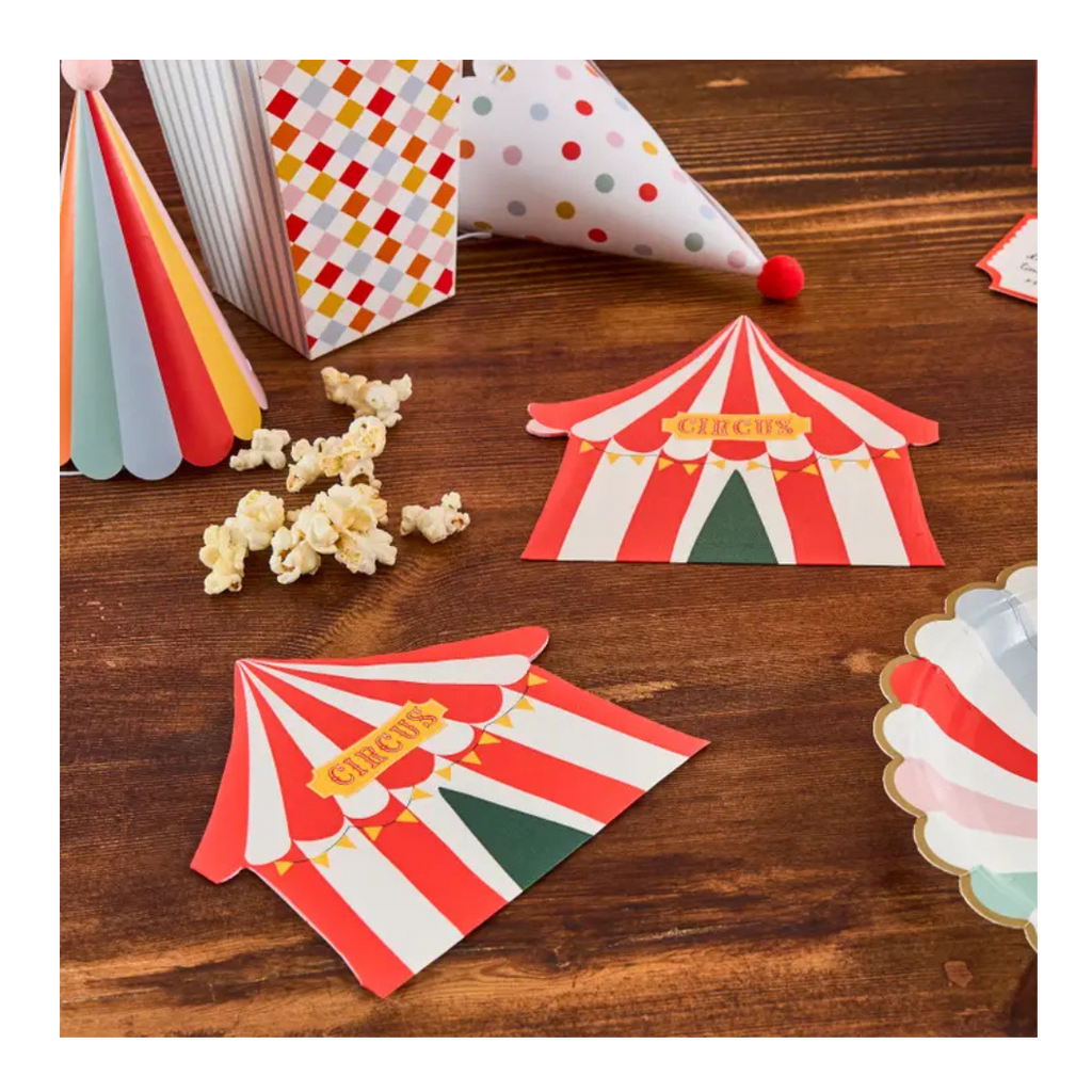 Red and white circus tent paper cards with popcorn circus theme from Parte Haus party supply store in Bethesda MD