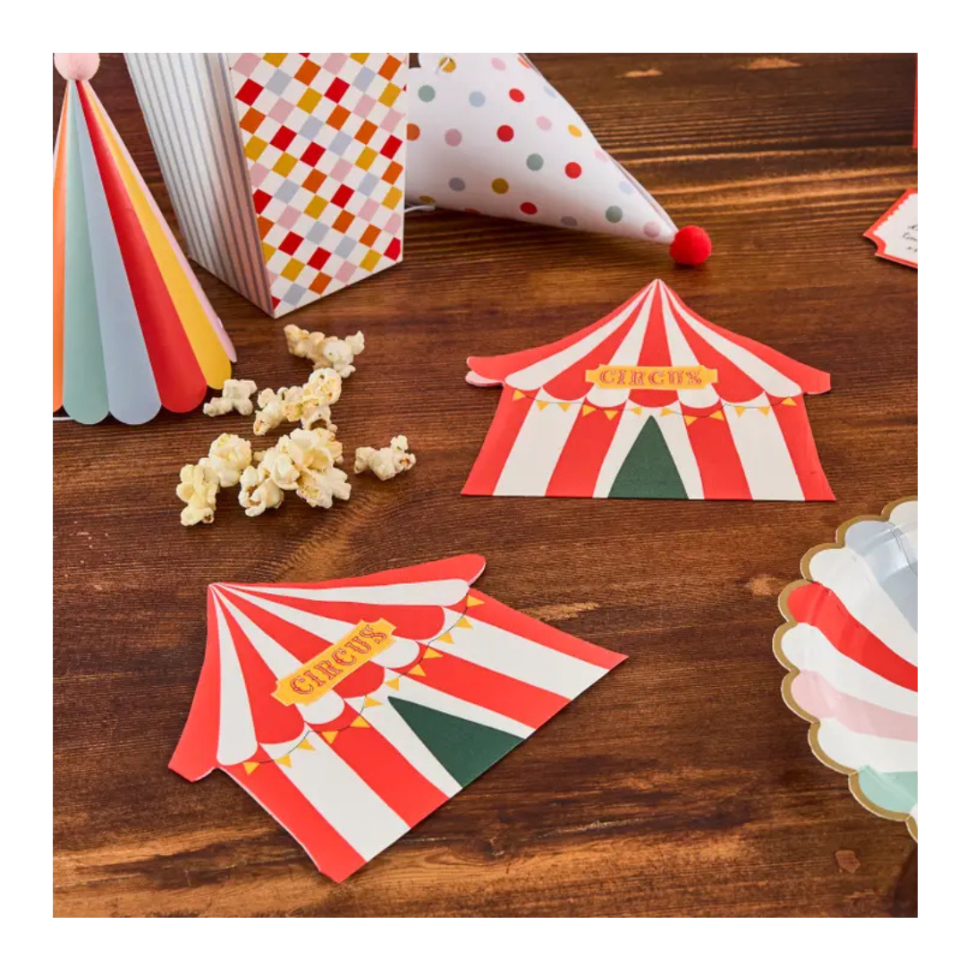 Red and white circus tent paper cards with popcorn circus theme from Parte Haus party supply store in Bethesda MD