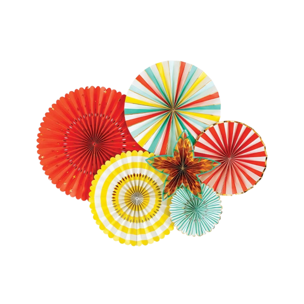 Multicolor paper fan decorations for birthday or celebration theme from Parte Haus party supply store in Bethesda Maryland