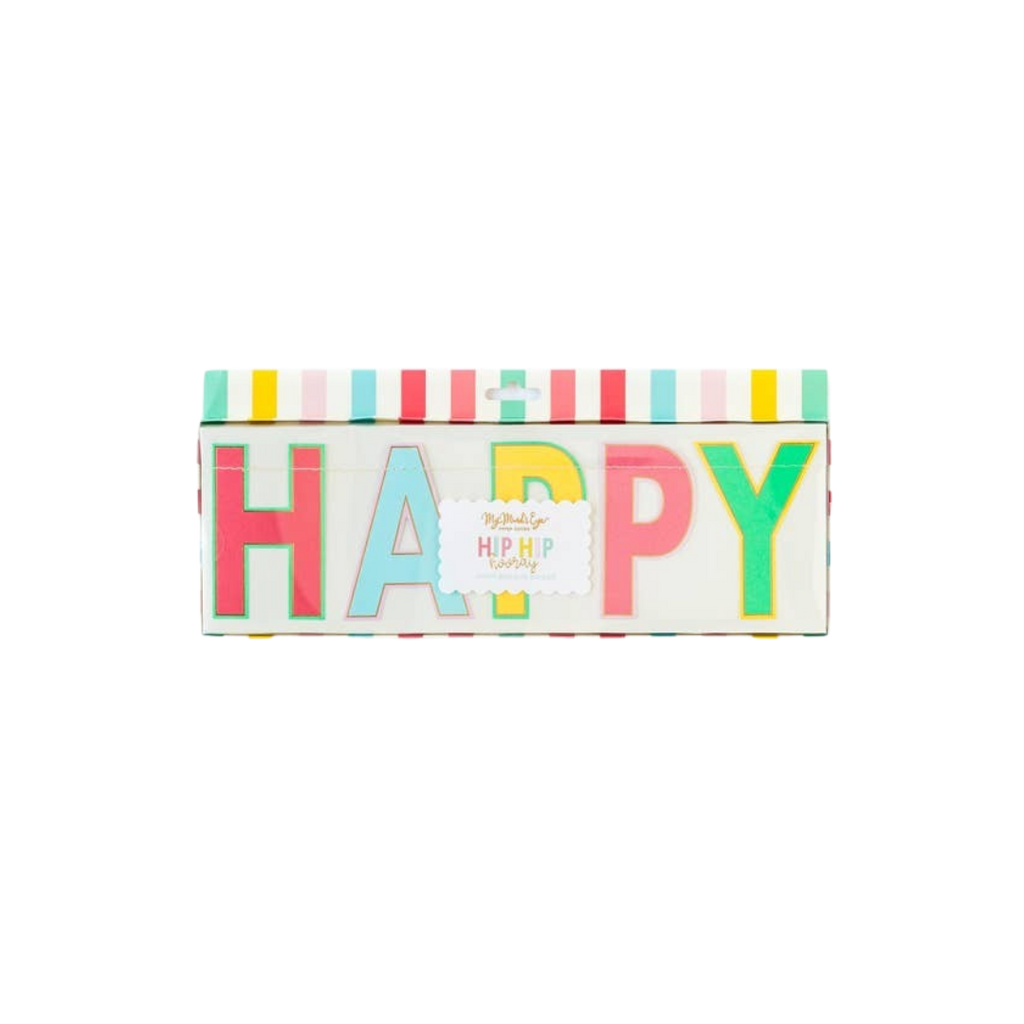 Multicolor happy birthday banner with bold letters birthday theme from Parte Haus party supply store in Bethesda Maryland