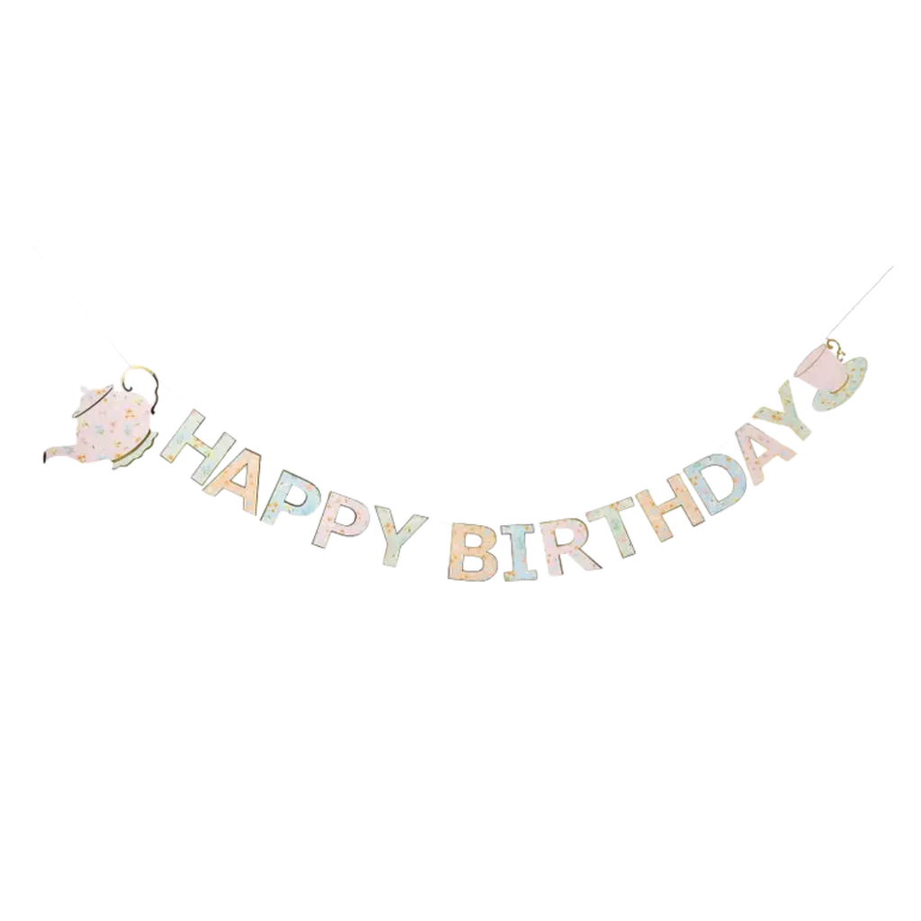 Pastel birthday banner with teapot theme for tea party from Parte Haus party supply store in Bethesda Maryland