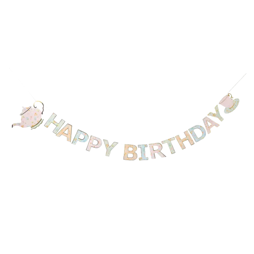 Pastel birthday banner with teapot theme for tea party from Parte Haus party supply store in Bethesda Maryland