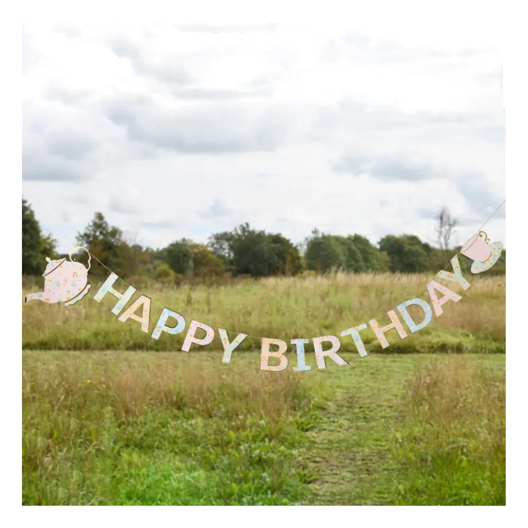 Pastel teapot and teacup birthday banner outdoor tea party decor from Parte Haus party supply store in Bethesda MD