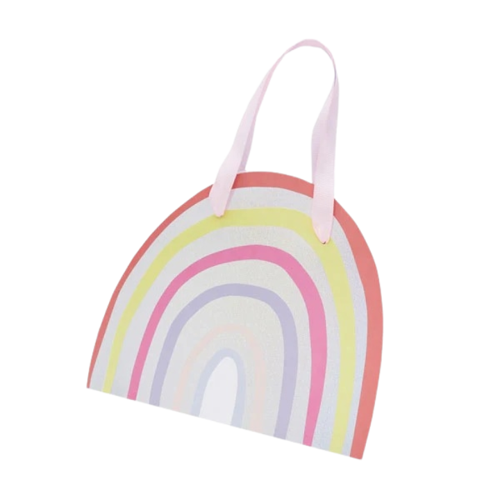Multicolor rainbow gift bag with pastel stripes for birthday from Parte Haus party supply store in Bethesda MD