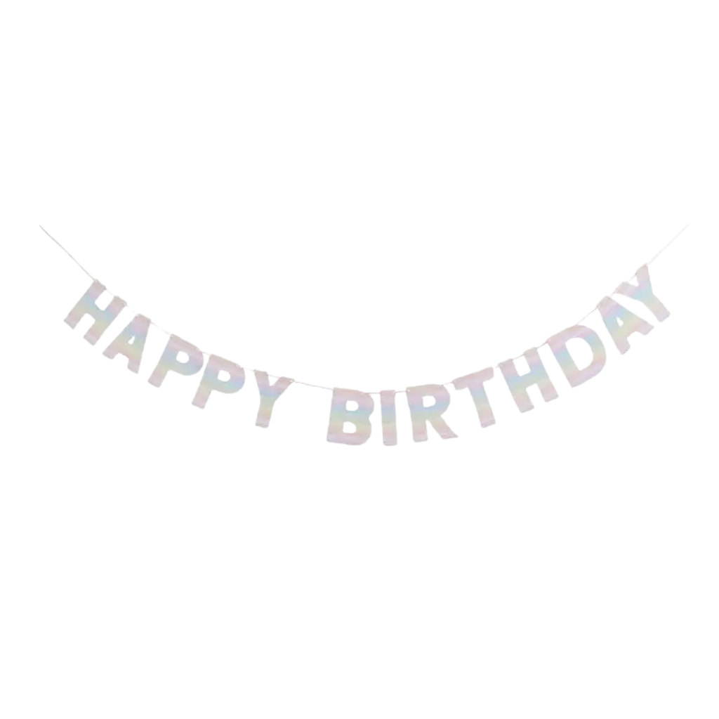 iridescent happy birthday banner hanging decor birthday theme from Parte Haus party supply store in Bethesda MD