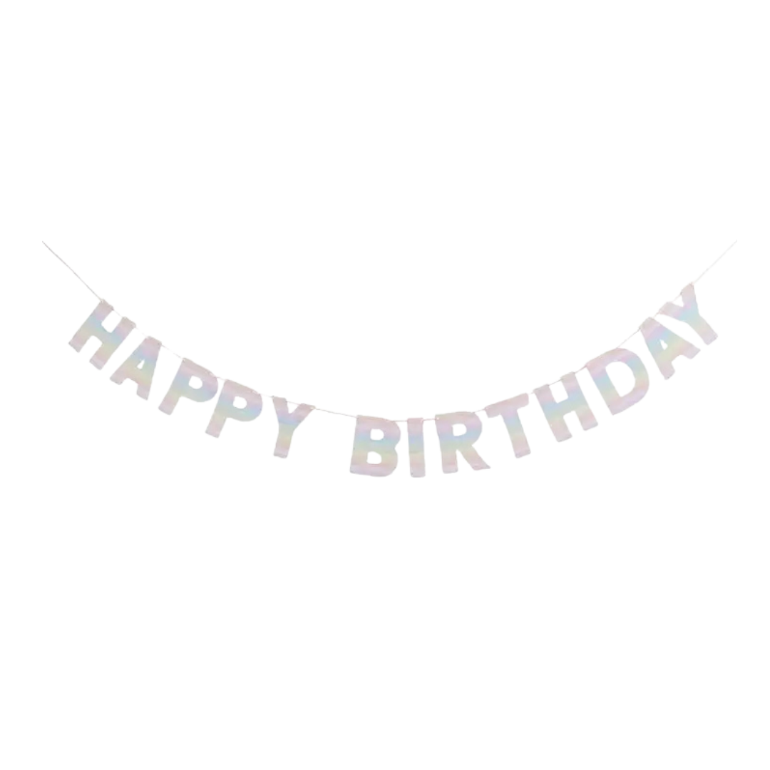 iridescent happy birthday banner hanging decor birthday theme from Parte Haus party supply store in Bethesda MD