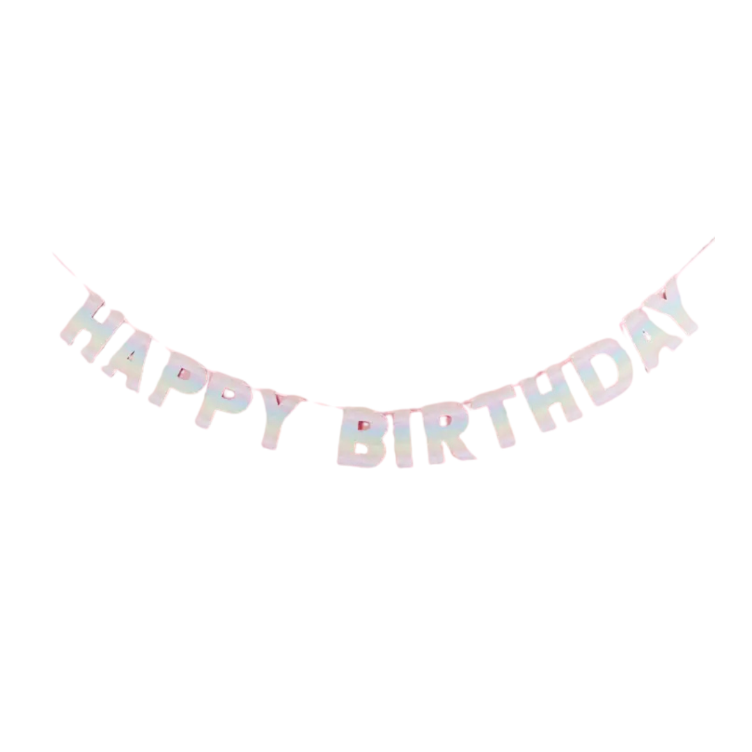 Pink happy birthday banner with large letters for birthday theme from Parte Haus party supply store in Bethesda MD