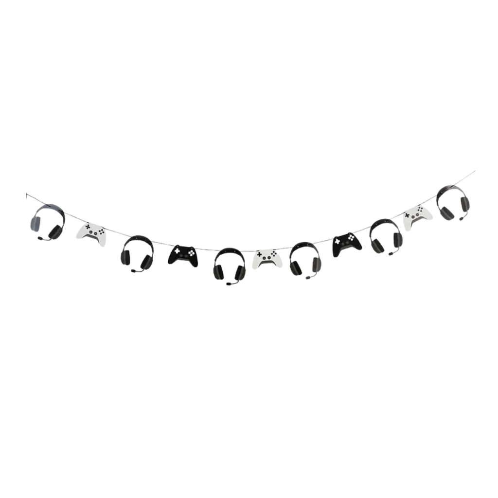 Black and white game controller and headset garland gaming birthday banner from Parte Haus party supply store in Bethesda Maryland