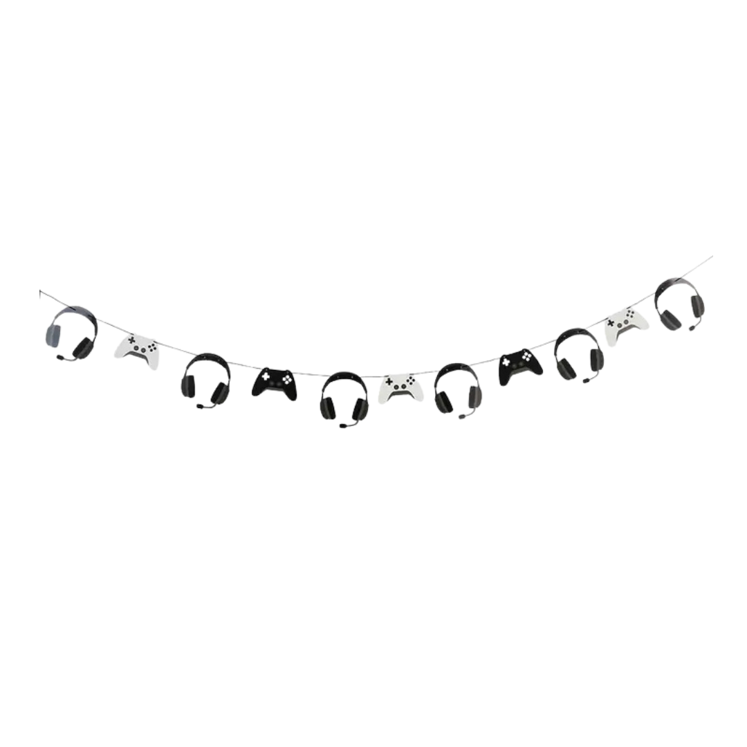 Black and white game controller and headset garland gaming birthday banner from Parte Haus party supply store in Bethesda Maryland