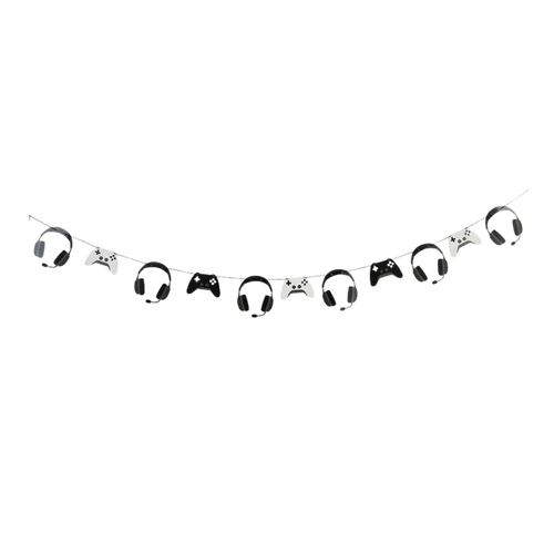 Black and white game controller and headset garland gaming birthday banner from Parte Haus party supply store in Bethesda Maryland