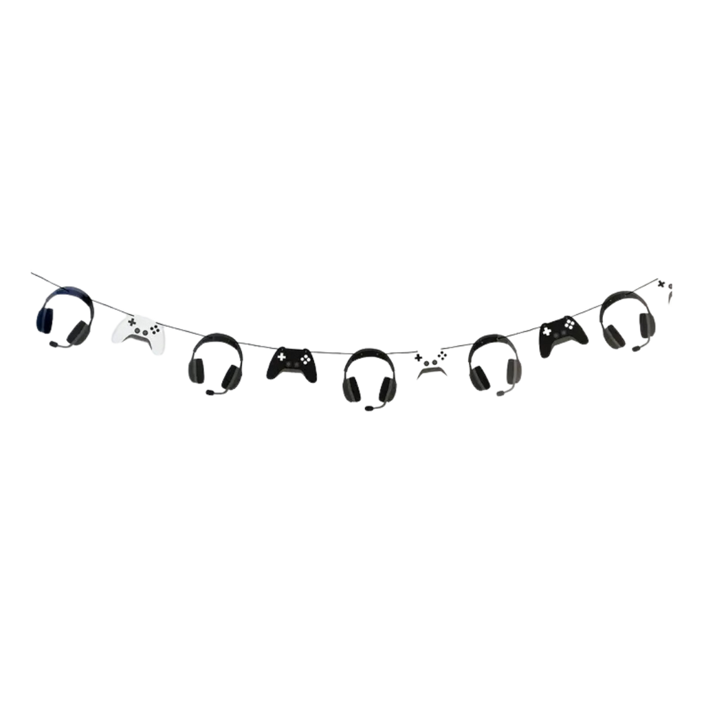 Black and white gamer garland with game controller and headset cutouts for gaming birthday from Parte Haus party supply store in Bethesda Maryland