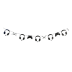 Black and white gamer garland with game controller and headset cutouts for gaming birthday from Parte Haus party supply store in Bethesda Maryland