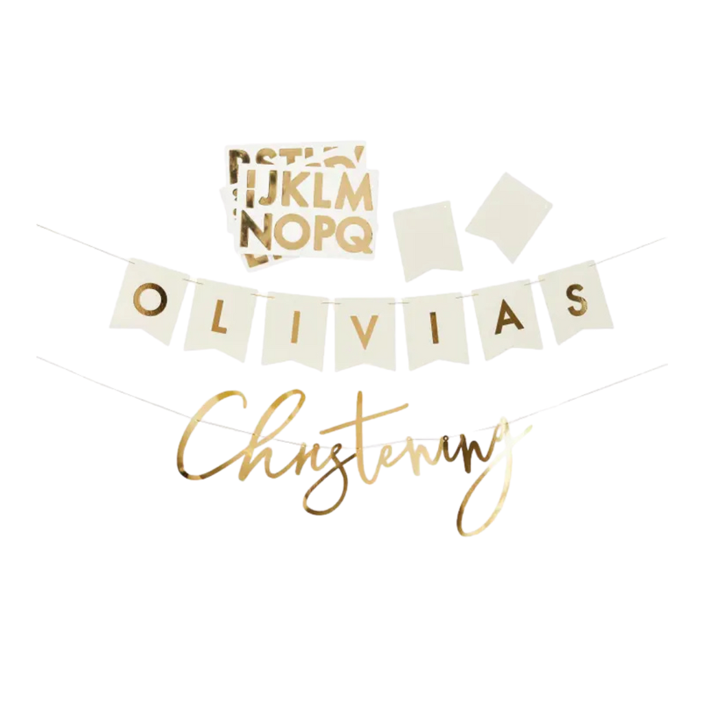 Gold christening banner with customizable letters for baptism from Parte Haus party supply store in Bethesda Maryland