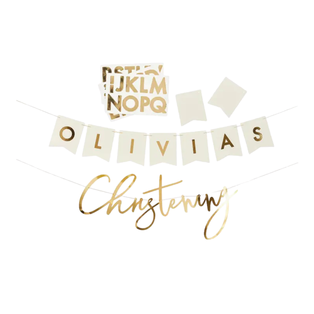Gold christening banner with customizable letters for baptism from Parte Haus party supply store in Bethesda Maryland