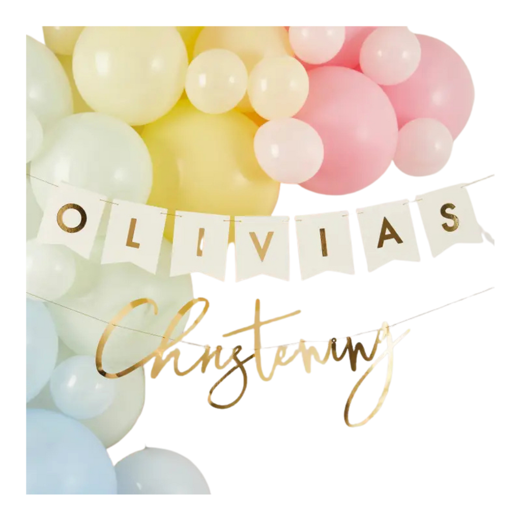 Pastel christening balloon banner decoration for christening from Parte Haus party supply store in Bethesda MD