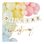 Pastel christening balloon banner decoration for christening from Parte Haus party supply store in Bethesda MD