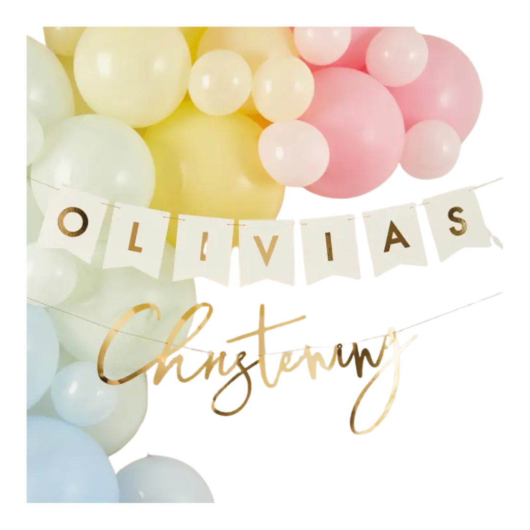 Pastel christening balloon banner decoration for christening from Parte Haus party supply store in Bethesda MD