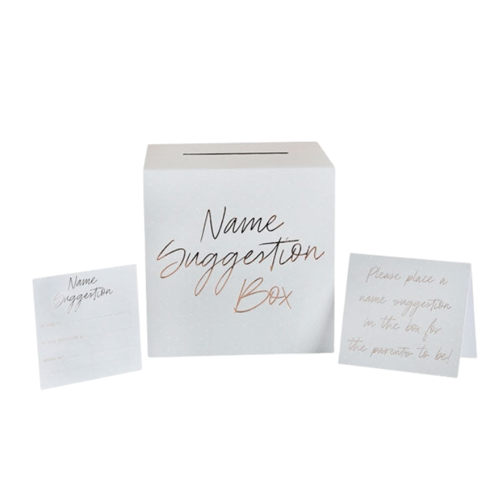 White name suggestion box with cards for baby shower from Parte Haus party supply store in Bethesda MD
