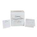 White name suggestion box with cards for baby shower from Parte Haus party supply store in Bethesda MD