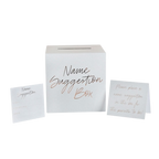 White name suggestion box with cards for baby shower from Parte Haus party supply store in Bethesda MD