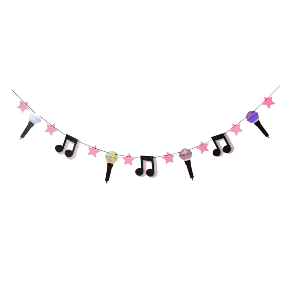 Pink and pastel music note star and microphone garland for music birthday theme from Parte Haus party supply store in Bethesda MD