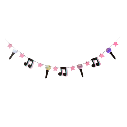 Pink and pastel music note star and microphone garland for music birthday theme from Parte Haus party supply store in Bethesda MD