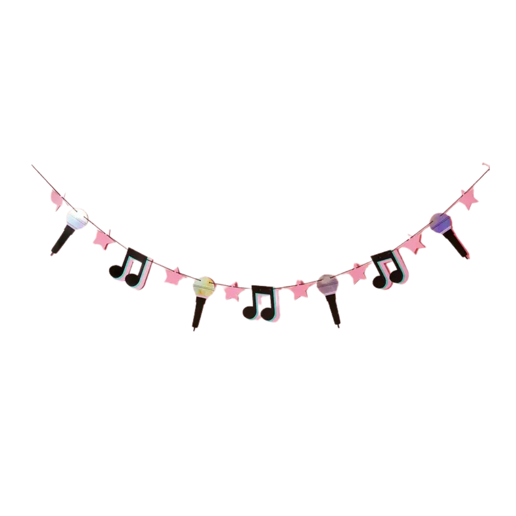 Pink music note and microphone garland banner decor for music theme from Parte Haus party supply store in Bethesda MD