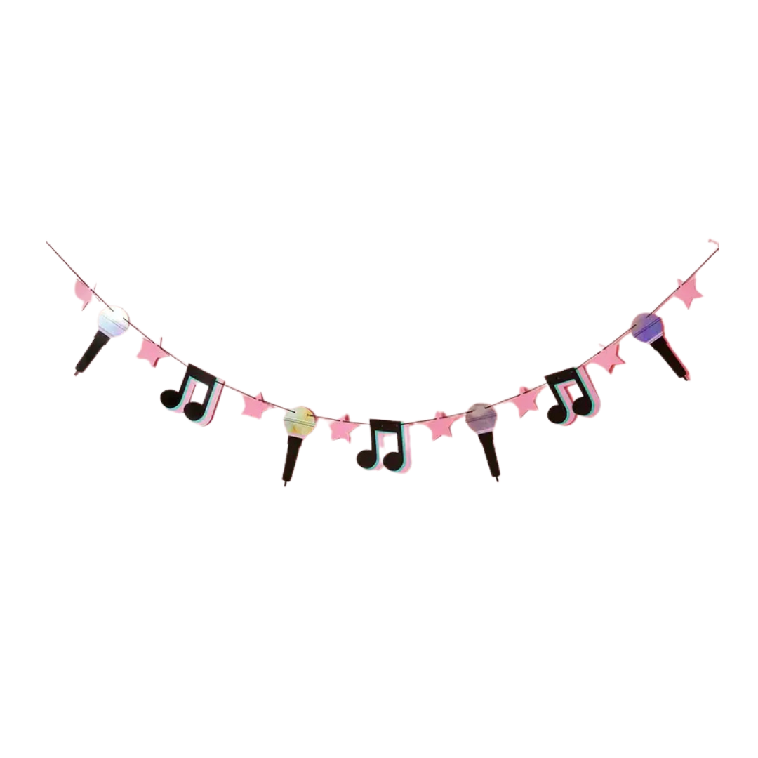 Pink music note and microphone garland banner decor for music theme from Parte Haus party supply store in Bethesda MD