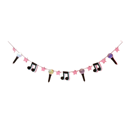 Pink music note and microphone garland banner decor for music theme from Parte Haus party supply store in Bethesda MD