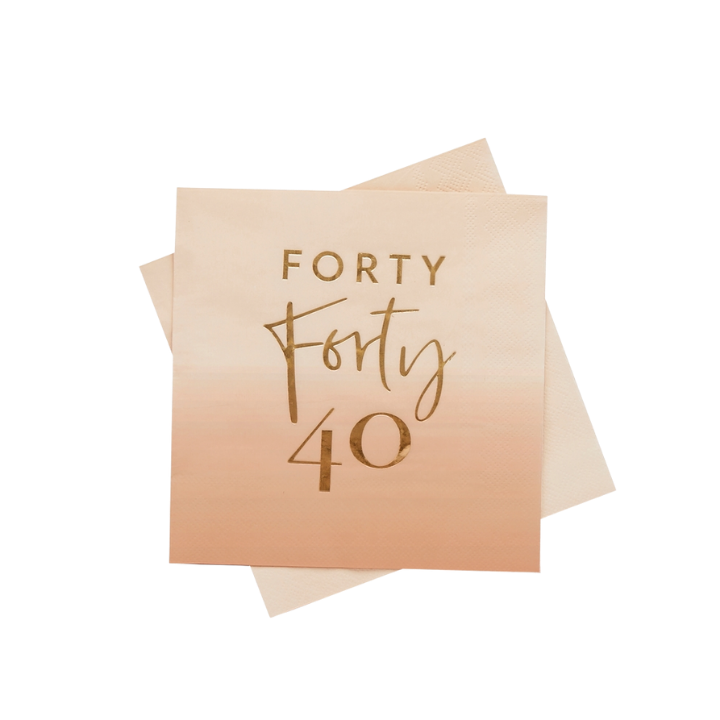 Blush pink napkin with gold forty 40 design for 40th birthday from Parte Haus party supply store in Bethesda MD
