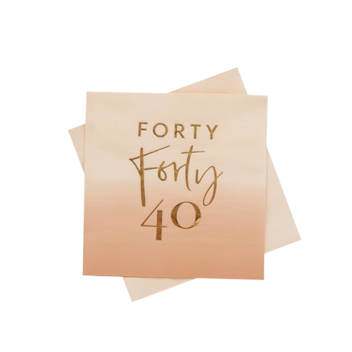 Blush pink napkin with gold forty 40 design for 40th birthday from Parte Haus party supply store in Bethesda MD