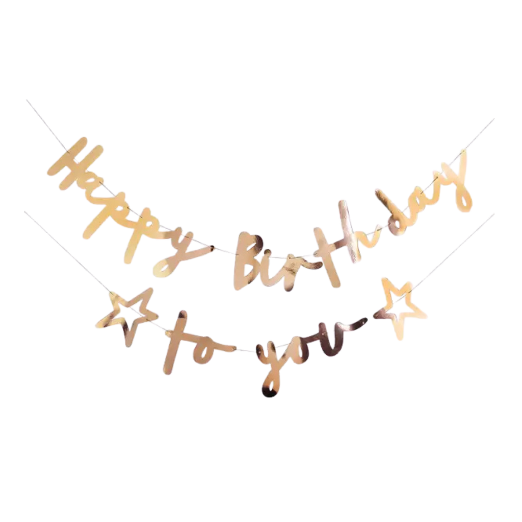 Gold happy birthday banner with stars birthday theme from Parte Haus party supply store in Bethesda MD