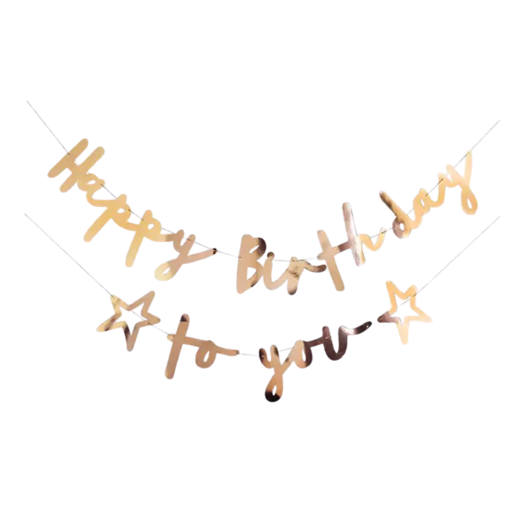 Gold happy birthday banner with stars birthday theme from Parte Haus party supply store in Bethesda MD