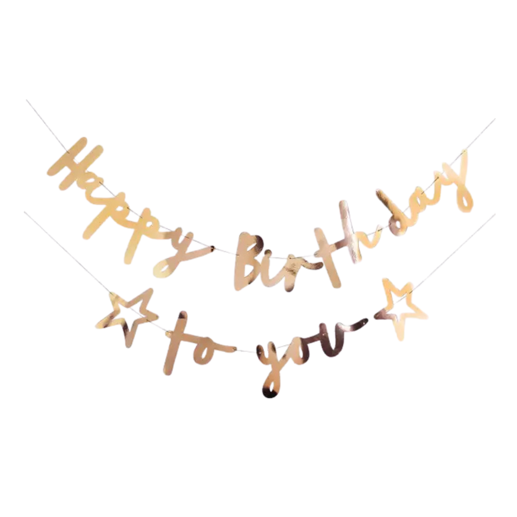Gold birthday banner with star accents for birthday theme from Parte Haus party supply store in Bethesda MD