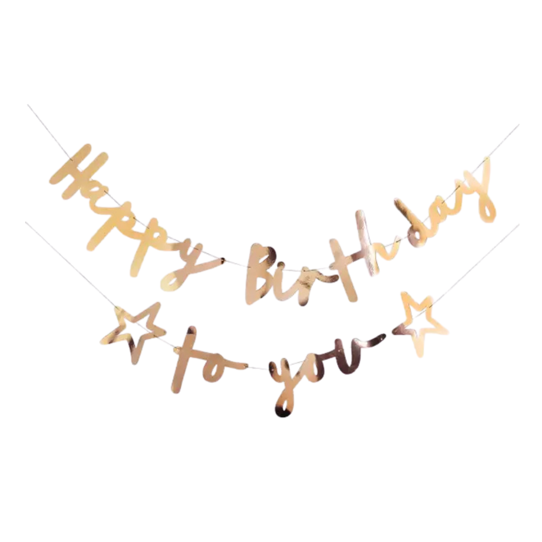 Gold birthday banner with star accents for birthday theme from Parte Haus party supply store in Bethesda MD