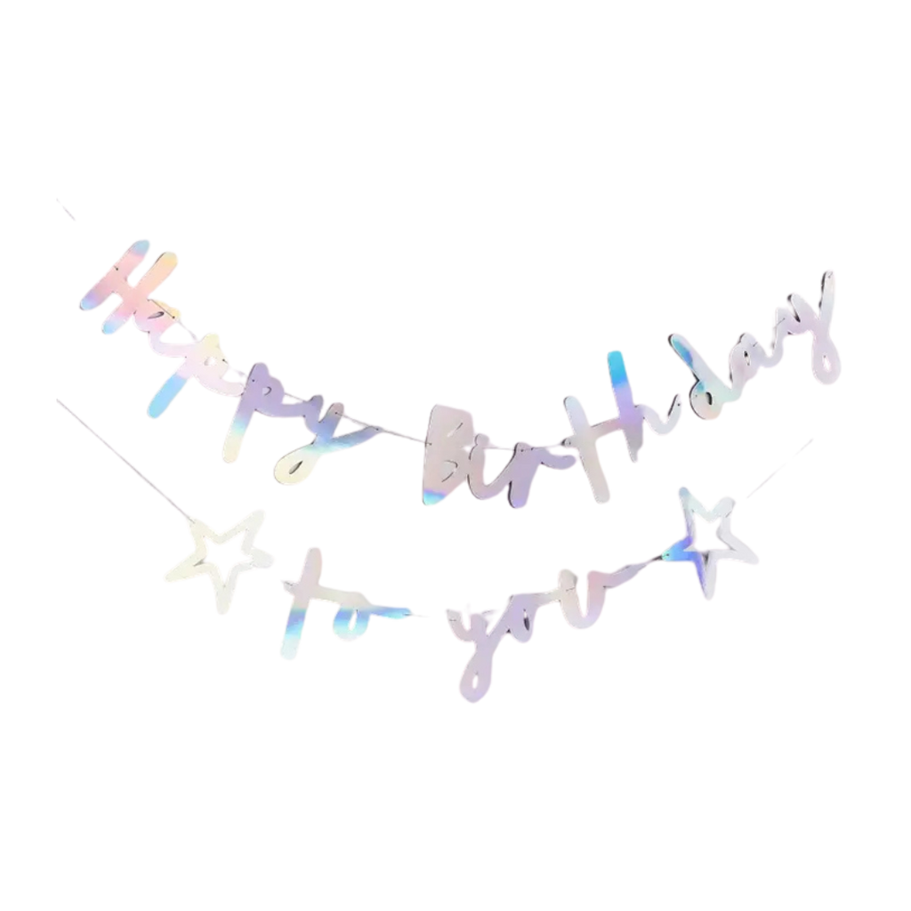 Iridescent happy birthday banner with star accents for birthday celebration from Parte Haus party supply store in Bethesda MD