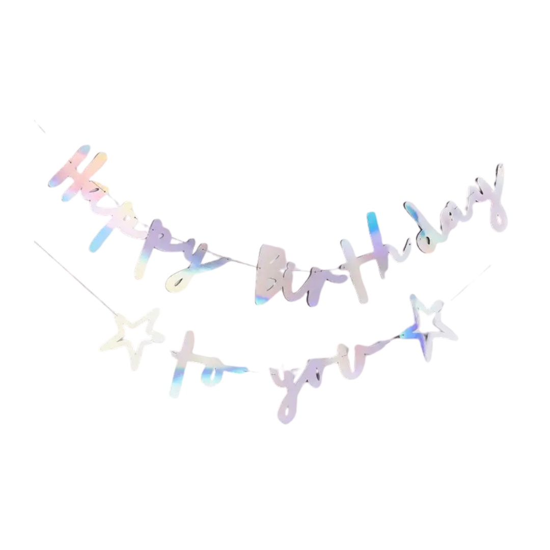 Iridescent happy birthday banner with star accents for birthday celebration from Parte Haus party supply store in Bethesda MD