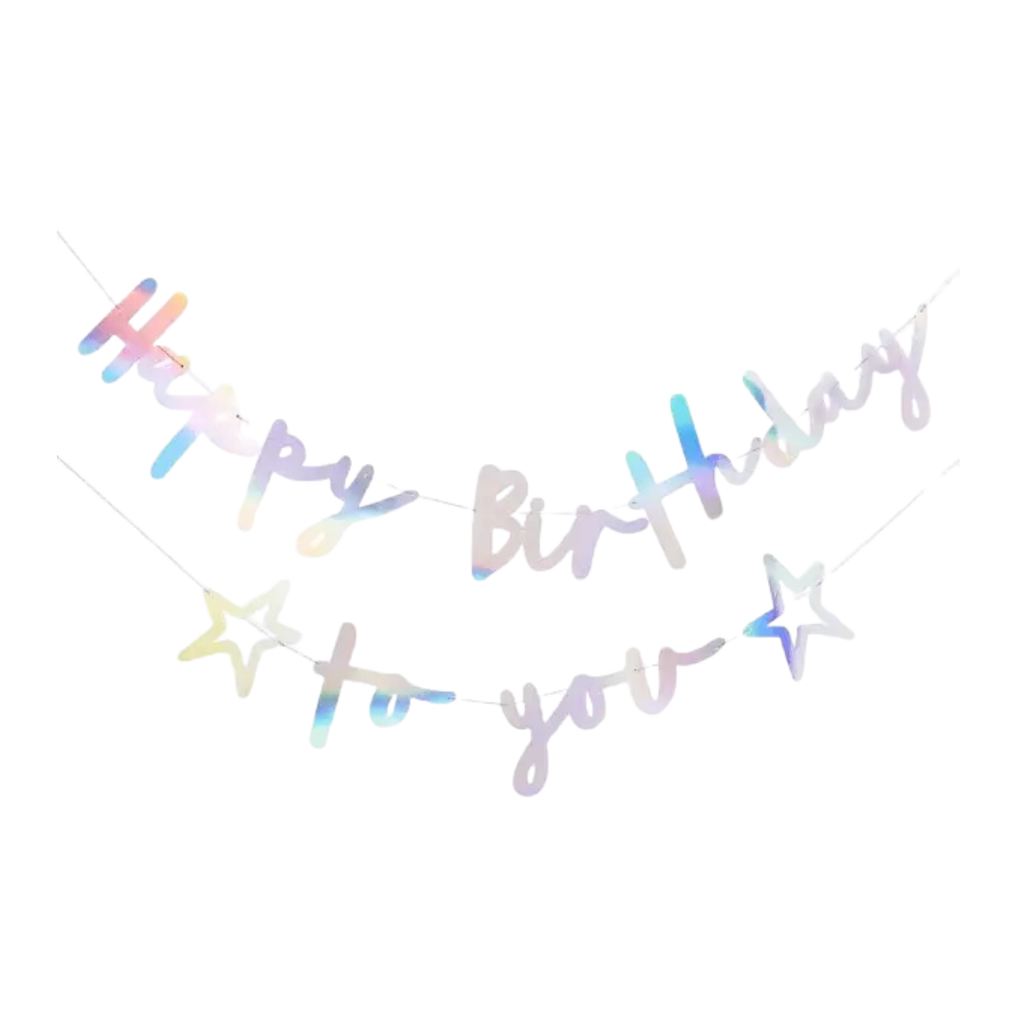 Iridescent happy birthday banner with stars birthday theme from Parte Haus party supply store in Bethesda MD.