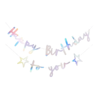 Iridescent happy birthday banner with stars birthday theme from Parte Haus party supply store in Bethesda MD.