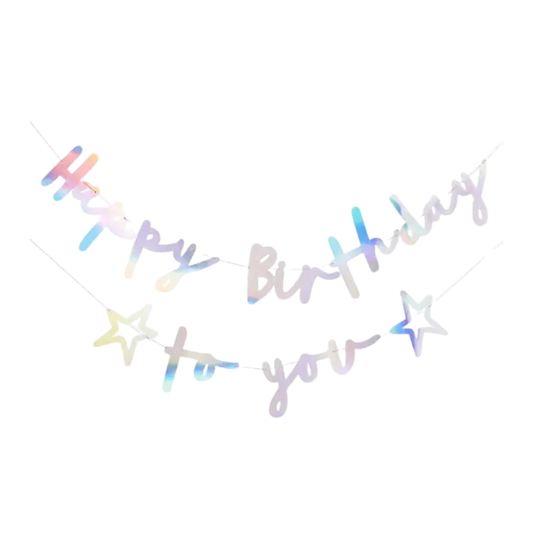 Iridescent happy birthday banner with stars birthday theme from Parte Haus party supply store in Bethesda MD.