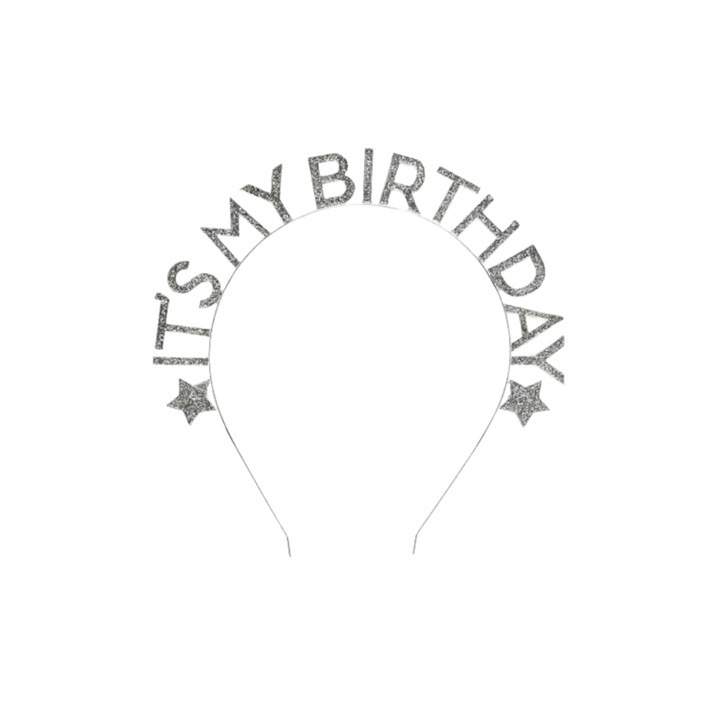 Silver birthday headband with glittery IT'S MY BIRTHDAY letters for birthday celebration from Parte Haus party supply store in Bethesda MD