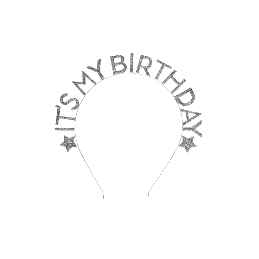 Silver birthday headband with glittery IT'S MY BIRTHDAY letters for birthday celebration from Parte Haus party supply store in Bethesda MD