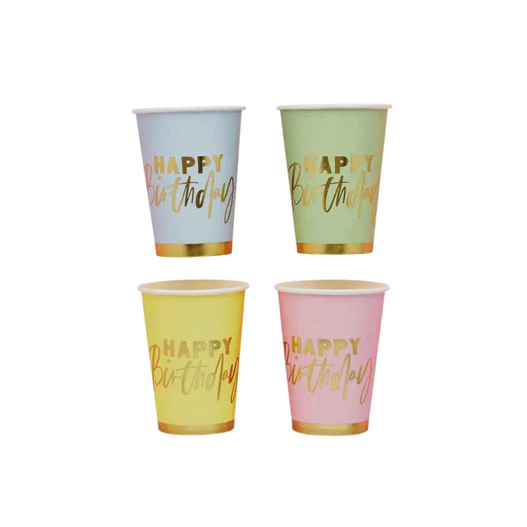 Blue green yellow pink happy birthday cups with gold text for birthday from Parte Haus party supply store in Bethesda MD
