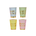 Blue green yellow pink happy birthday cups with gold text for birthday from Parte Haus party supply store in Bethesda MD